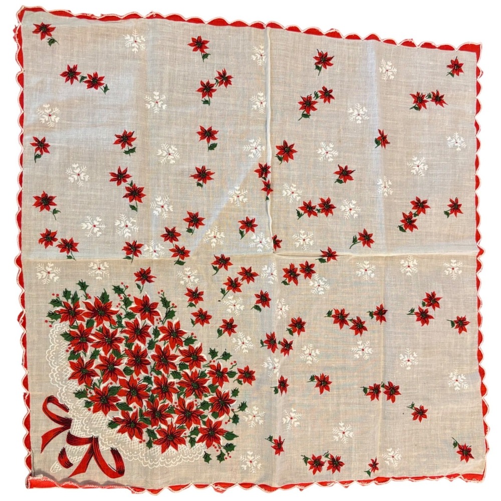 Vintage Christmas Handkerchief Poinsettia Snowflake‎ Scalloped Red White